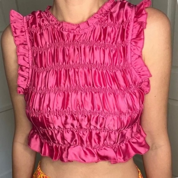 Zara Tops Zara Hot Pink Ruffle Silk Crop Top Poshmark